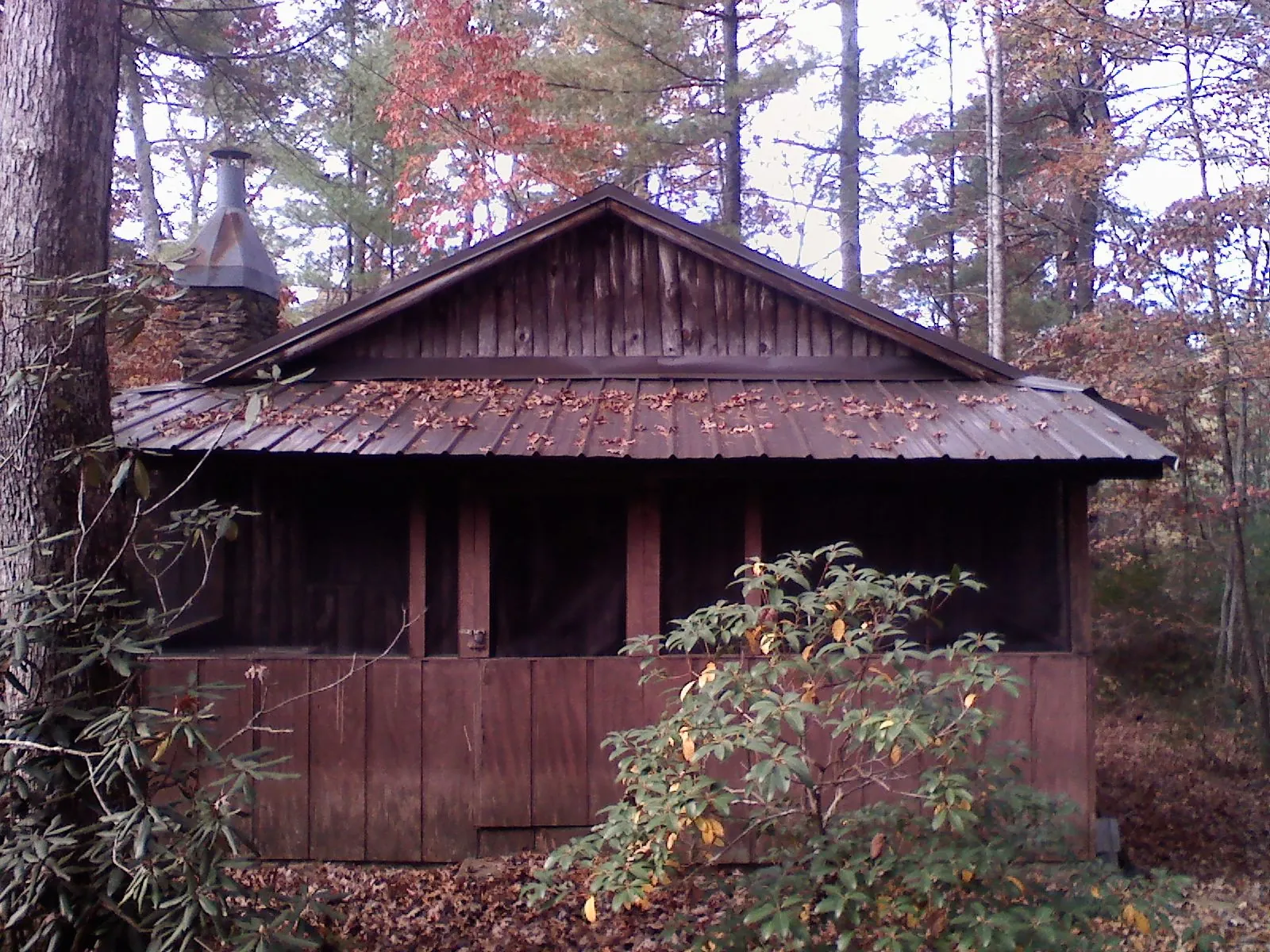 Metal roof over the screened porch of a rustic cabin in Plainfield